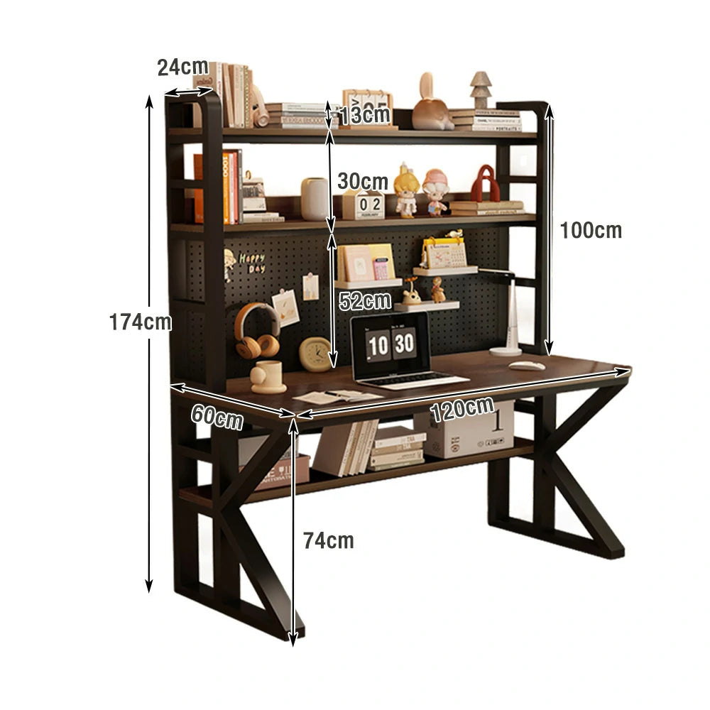 LIVARA Office Desk 100/120/140cm, 2-in-1 Space-Saving Design, Thick Panels, Steel Frame, Pegboard Storage - Black and Walunt