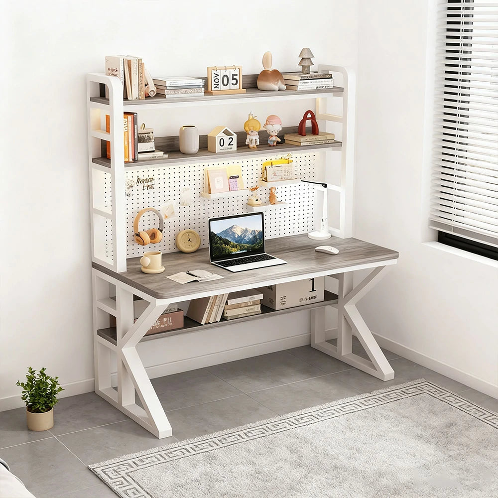 LIVARA Office Desk 100/120/140cm, 2-in-1 Space-Saving Design, Thick Panels, Steel Frame, Pegboard Storage - White and Grey