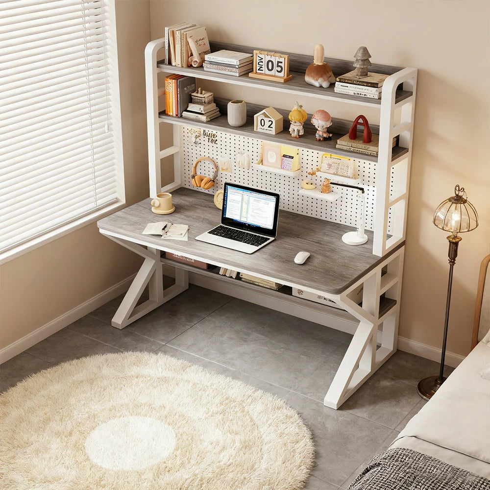 LIVARA Office Desk 100/120/140cm, 2-in-1 Space-Saving Design, Thick Panels, Steel Frame, Pegboard Storage - White and Grey