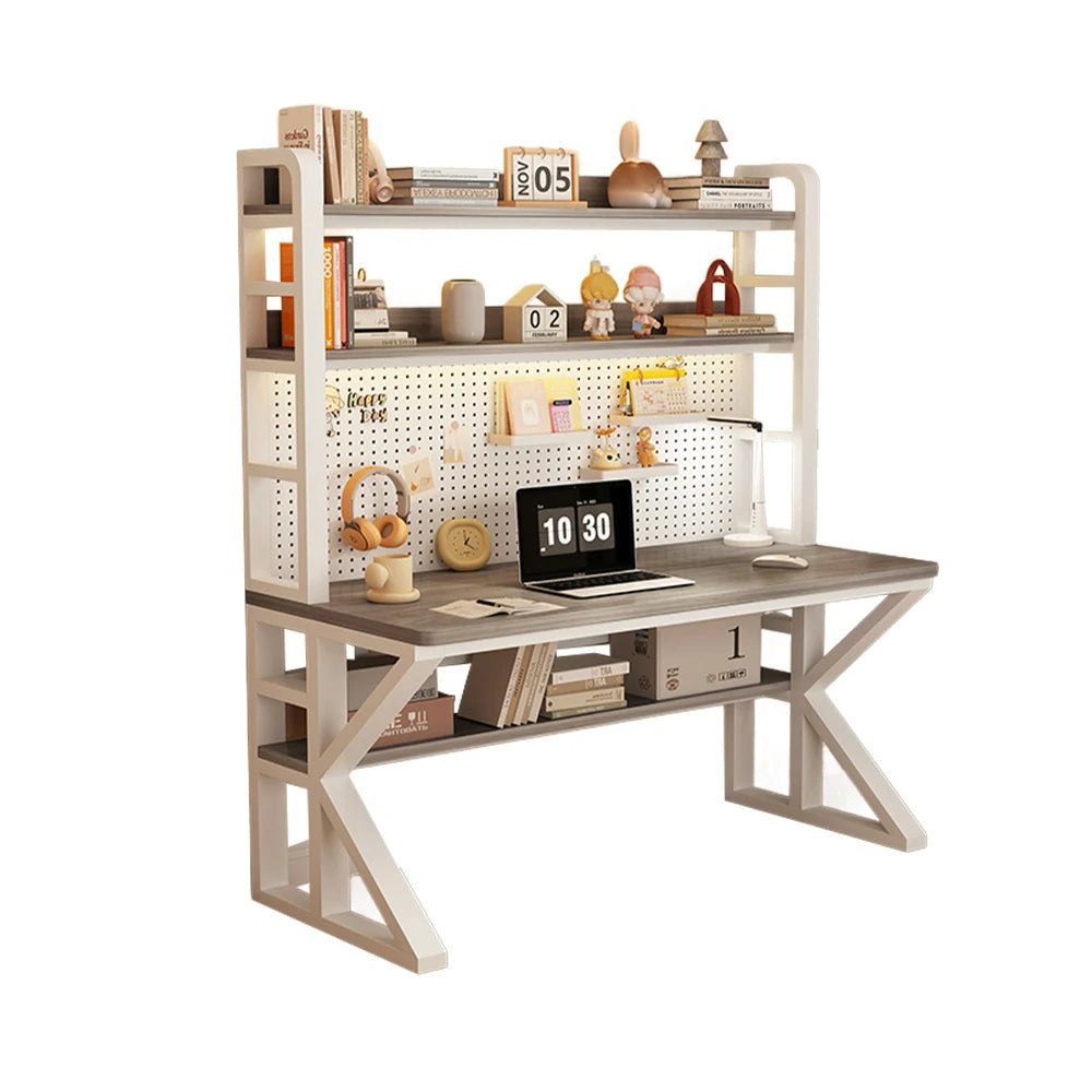 LIVARA Office Desk 100/120/140cm, 2-in-1 Space-Saving Design, Thick Panels, Steel Frame, Pegboard Storage - White and Grey