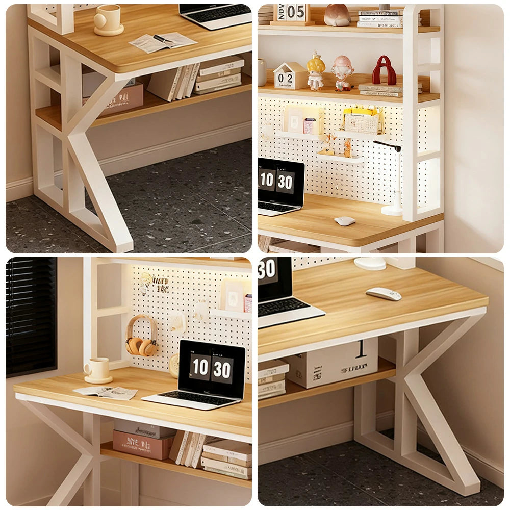 LIVARA Office Desk 100/120/140cm, 2-in-1 Space-Saving Design, Thick Panels, Steel Frame, Pegboard Storage - White and Wood