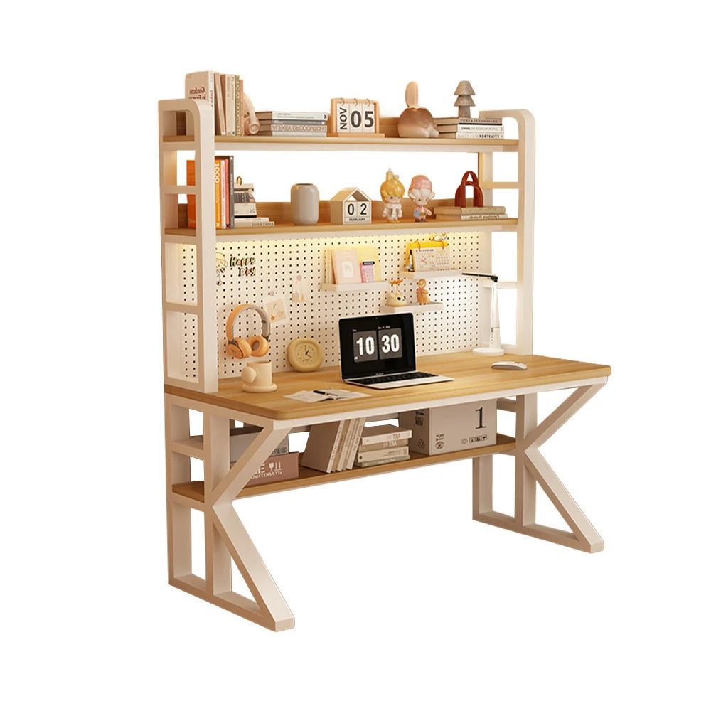 LIVARA Office Desk 100/120/140cm, 2-in-1 Space-Saving Design, Thick Panels, Steel Frame, Pegboard Storage - White and Wood