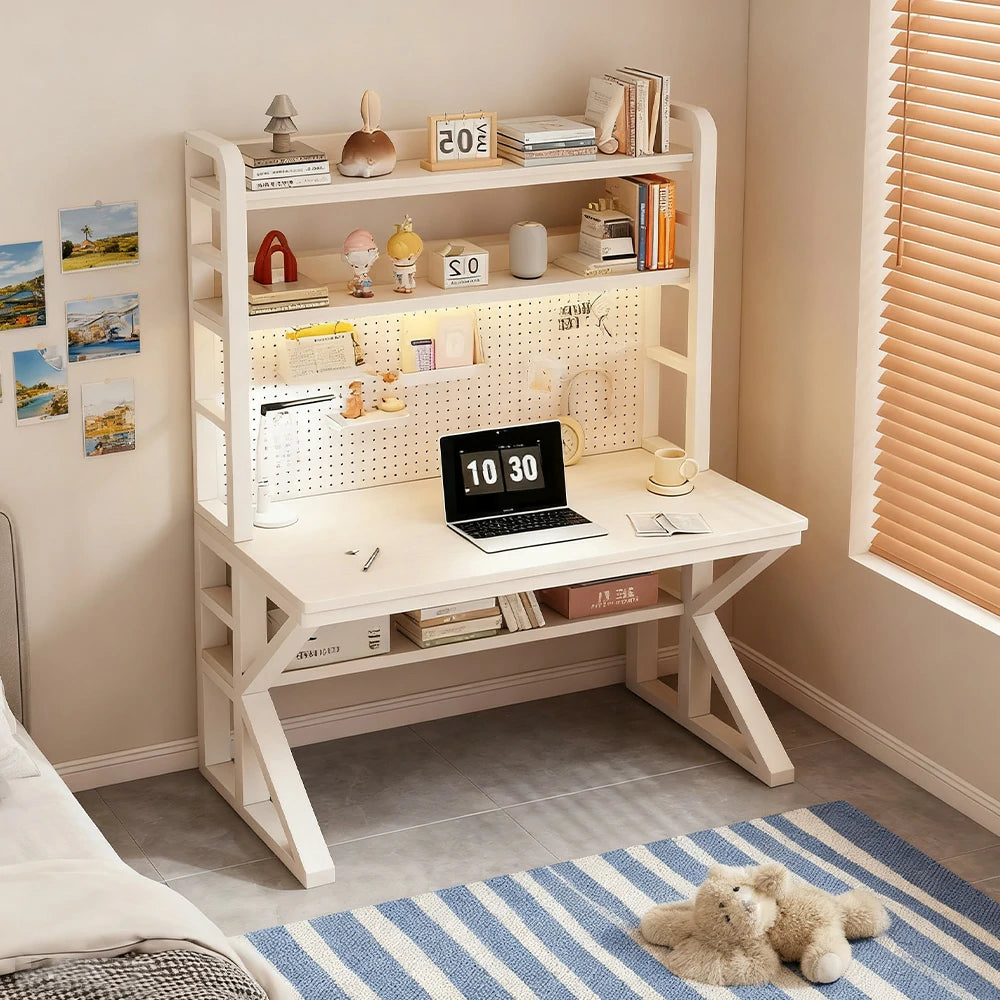 LIVARA Office Desk 100/120/140cm, 2-in-1 Space-Saving Design, Thick Panels, Steel Frame, Pegboard Storage - White