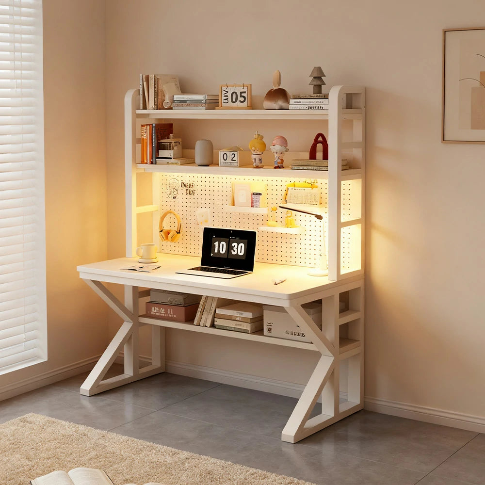 LIVARA Office Desk 100/120/140cm, 2-in-1 Space-Saving Design, Thick Panels, Steel Frame, Pegboard Storage - White