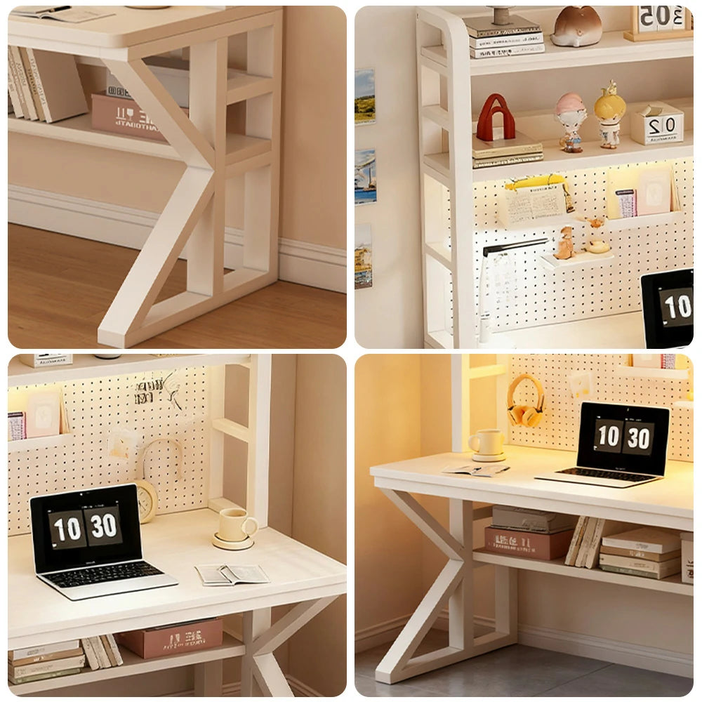 LIVARA Office Desk 100/120/140cm, 2-in-1 Space-Saving Design, Thick Panels, Steel Frame, Pegboard Storage - White