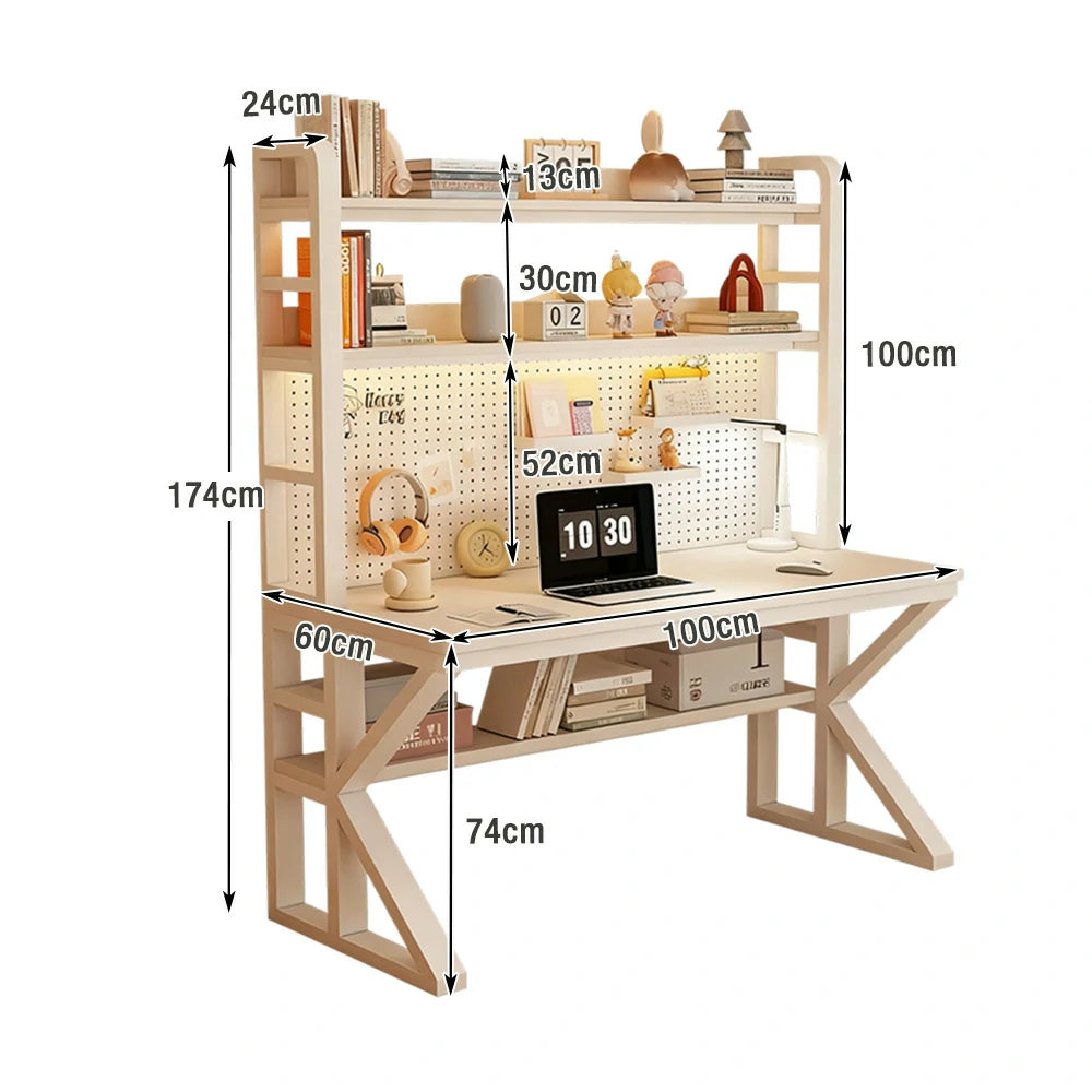 LIVARA Office Desk 100/120/140cm, 2-in-1 Space-Saving Design, Thick Panels, Steel Frame, Pegboard Storage - White