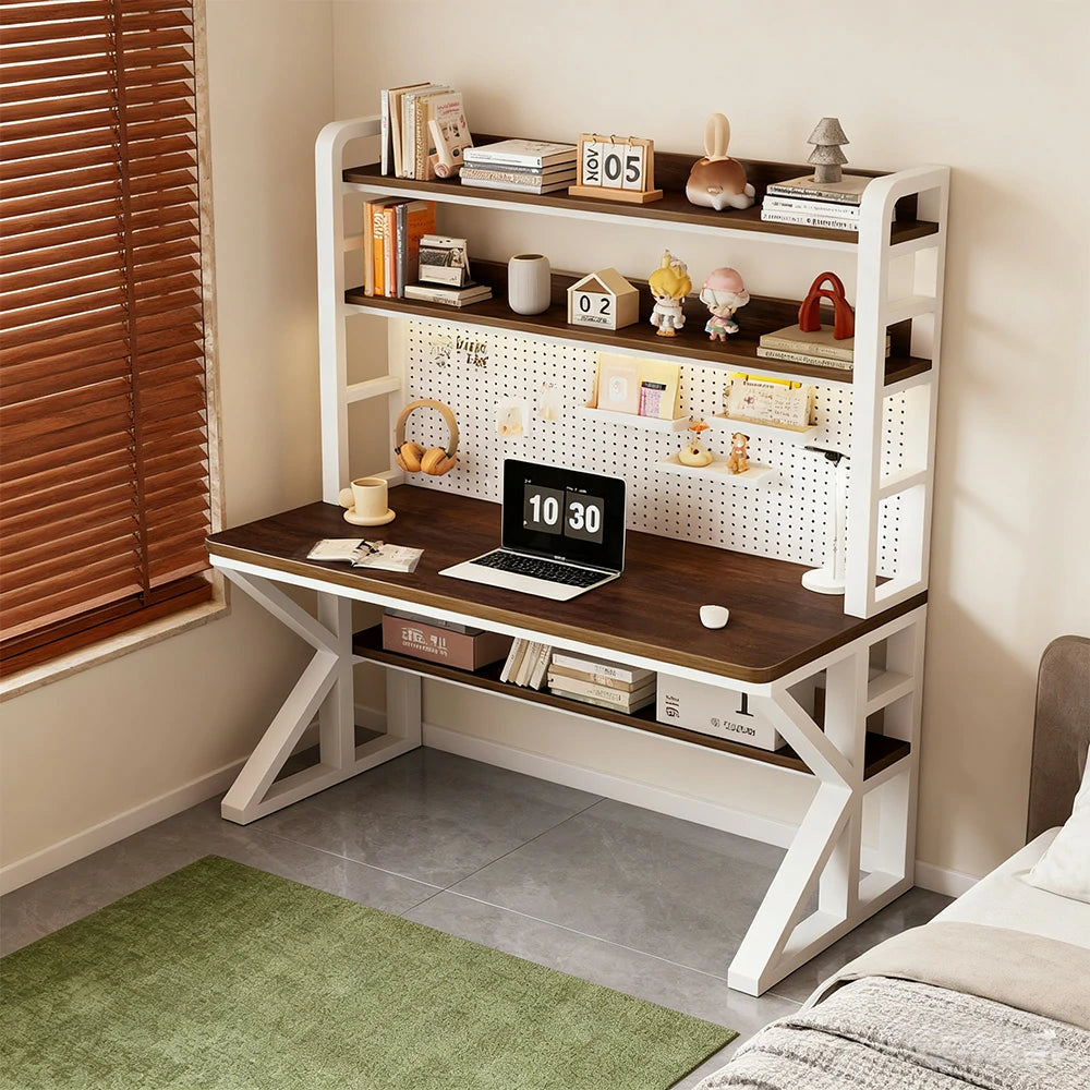 LIVARA Office Desk 100/120/140cm, 2-in-1 Space-Saving Design, Thick Panels, Steel Frame, Pegboard Storage - White and Walunt