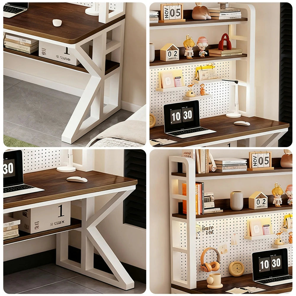 LIVARA Office Desk 100/120/140cm, 2-in-1 Space-Saving Design, Thick Panels, Steel Frame, Pegboard Storage - White and Walunt