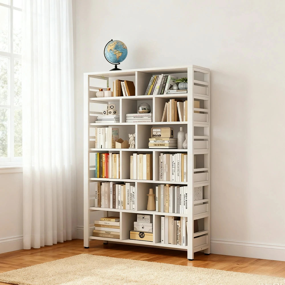 LIVARA 7-Tier Bookshelf 80/110/140cm Space-Saving Storage Rack, Thickened Eco Panels, Reinforced Steel Frame - White