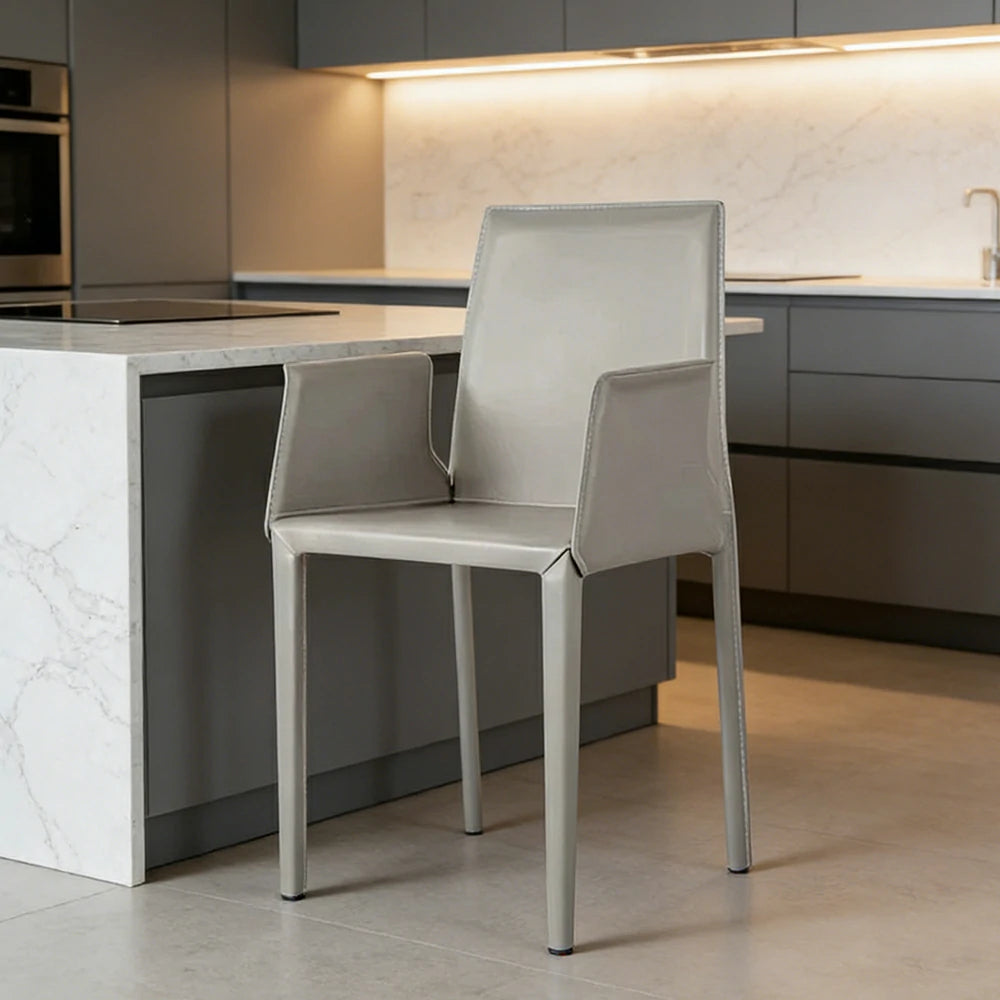 LIVARA Modern Arm Dining Chair - Premium 2.2mm Saddle Leather Upholstery, High Back Support, Carbon Steel Legs, Durable Stitching Design - Blue Grey