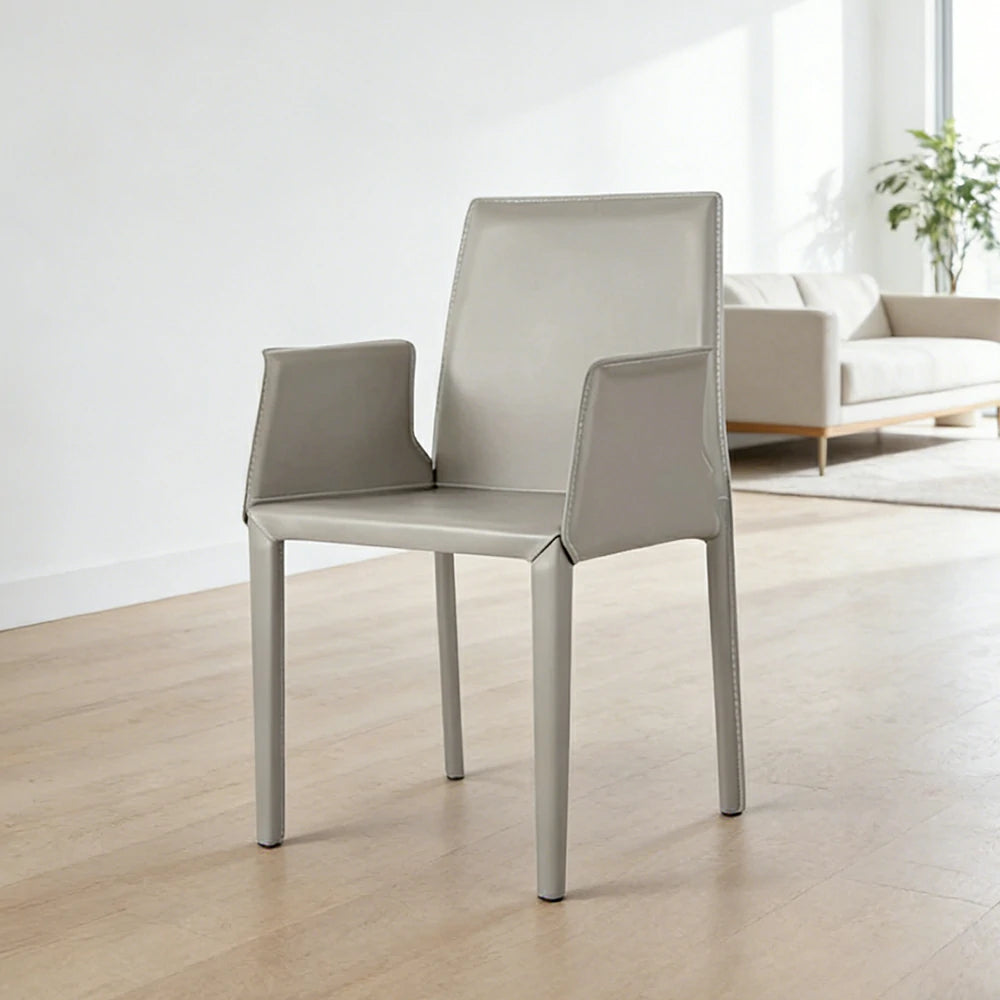 LIVARA Modern Arm Dining Chair - Premium 2.2mm Saddle Leather Upholstery, High Back Support, Carbon Steel Legs, Durable Stitching Design - Blue Grey