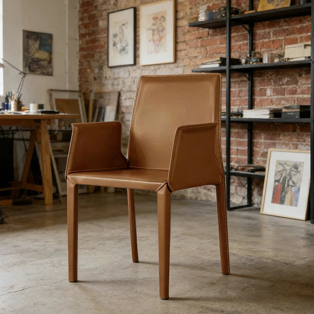 LIVARA Modern Arm Dining Chair - Premium 2.2mm Saddle Leather Upholstery, High Back Support, Carbon Steel Legs, Durable Stitching Design - Brown