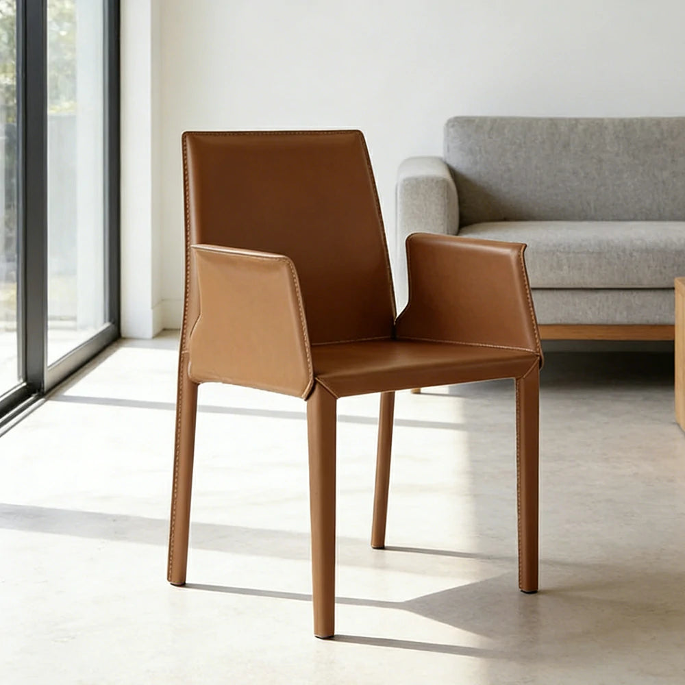 LIVARA Modern Arm Dining Chair - Premium 2.2mm Saddle Leather Upholstery, High Back Support, Carbon Steel Legs, Durable Stitching Design - Brown