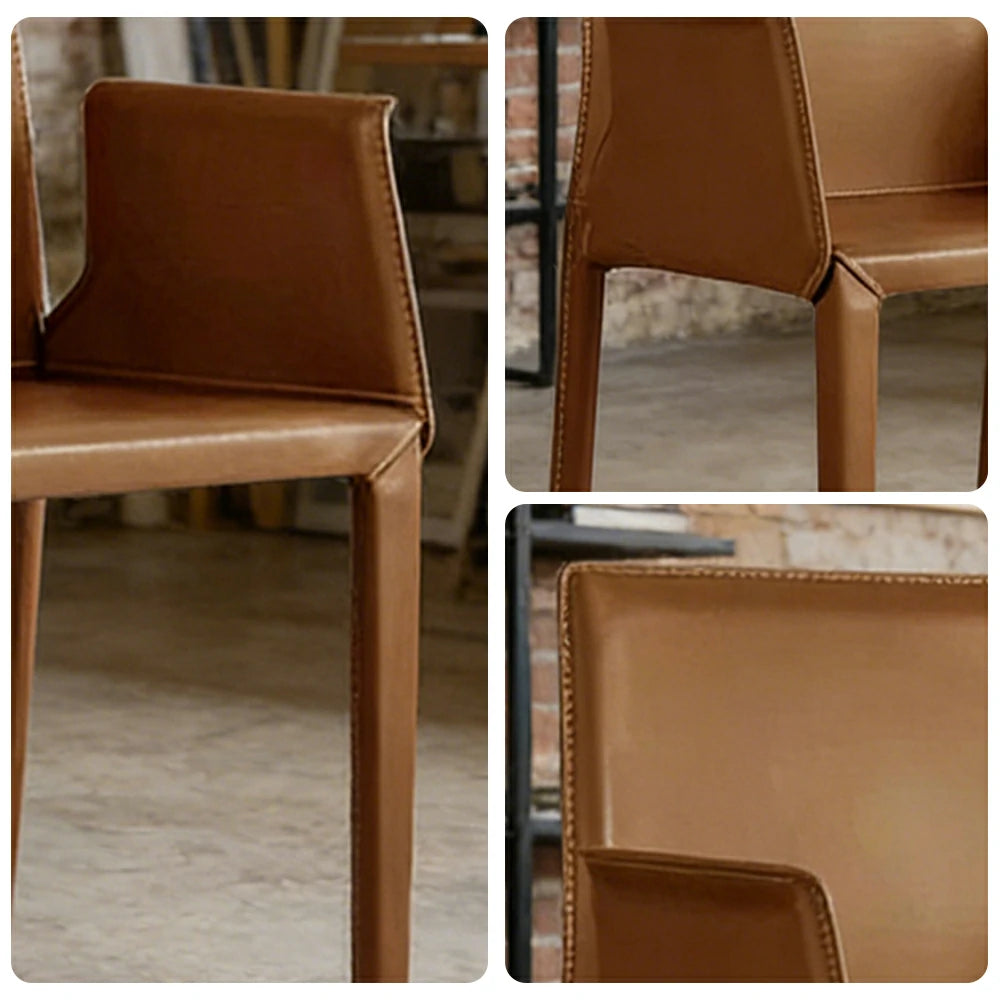 LIVARA Modern Arm Dining Chair - Premium 2.2mm Saddle Leather Upholstery, High Back Support, Carbon Steel Legs, Durable Stitching Design - Brown