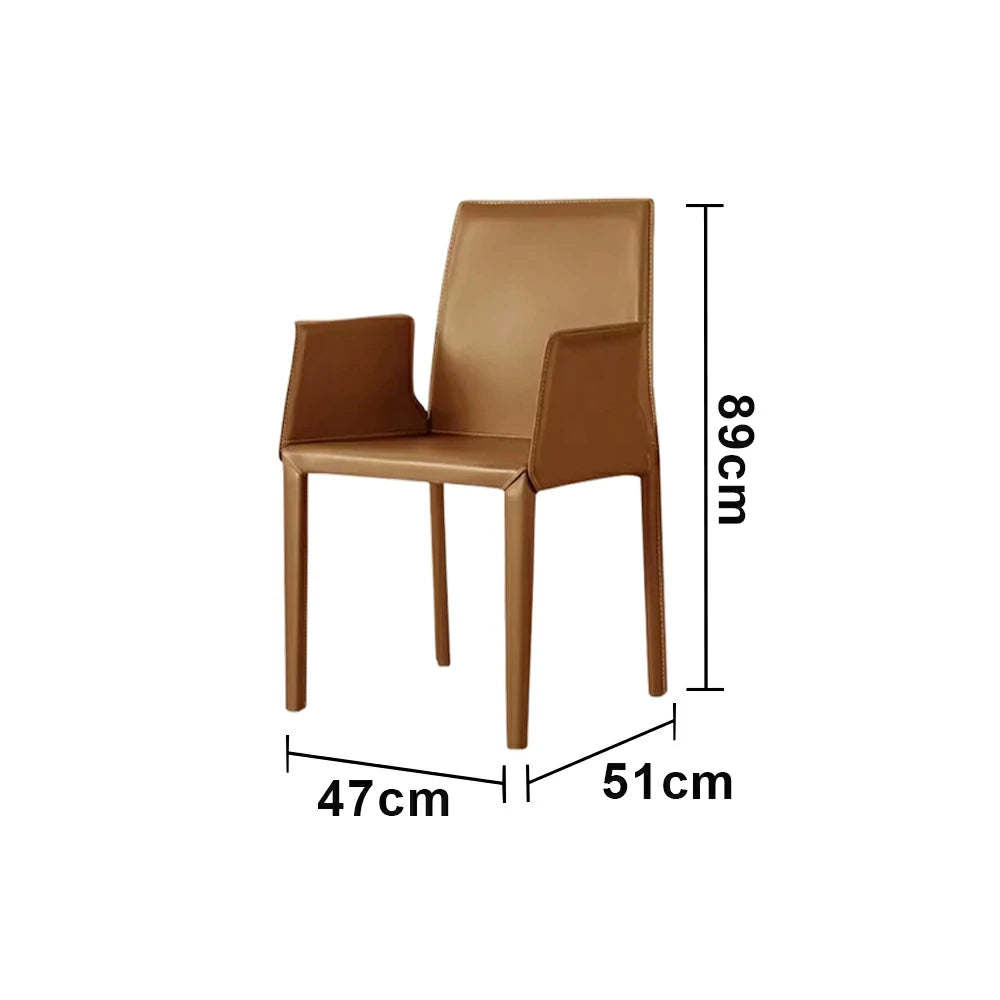 LIVARA Modern Arm Dining Chair - Premium 2.2mm Saddle Leather Upholstery, High Back Support, Carbon Steel Legs, Durable Stitching Design - Brown