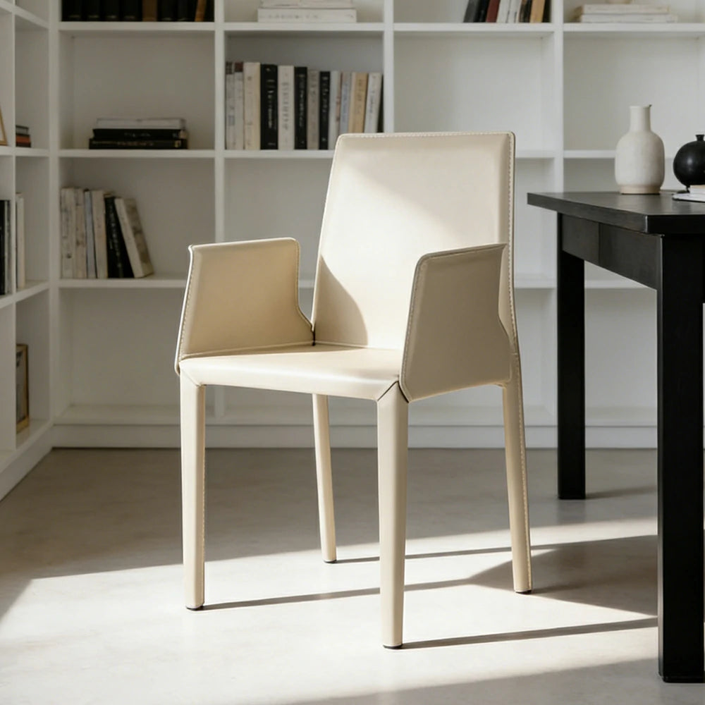 LIVARA Modern Arm Dining Chair - Premium 2.2mm Saddle Leather Upholstery, High Back Support, Carbon Steel Legs, Durable Stitching Design - Beige