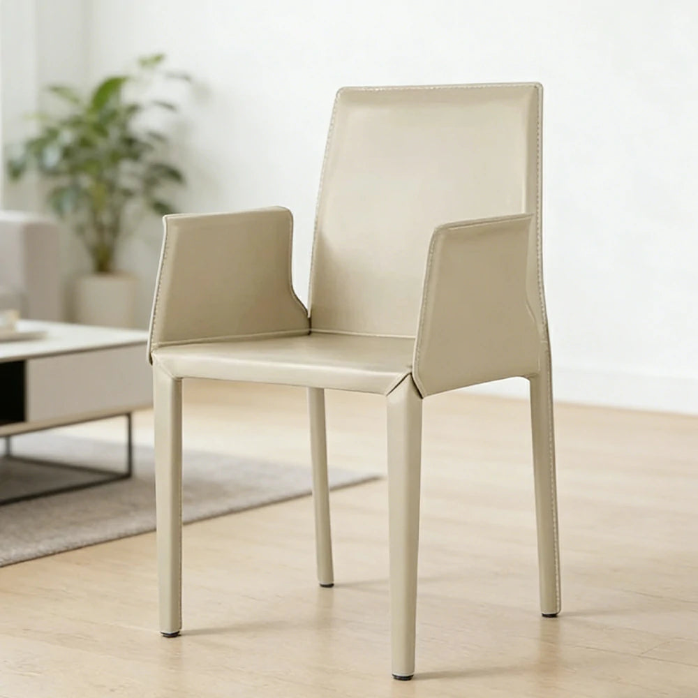 LIVARA Modern Arm Dining Chair - Premium 2.2mm Saddle Leather Upholstery, High Back Support, Carbon Steel Legs, Durable Stitching Design - Beige