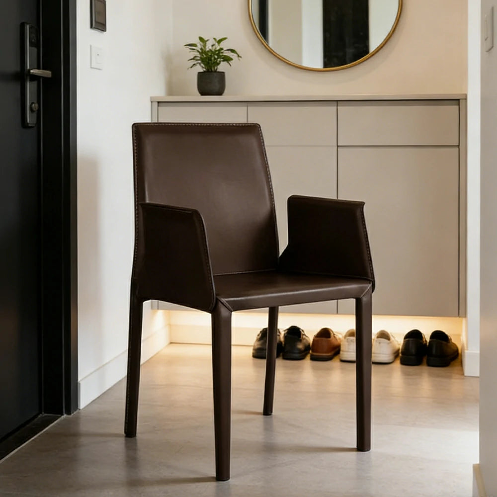 LIVARA Modern Arm Dining Chair - Premium 2.2mm Saddle Leather Upholstery, High Back Support, Carbon Steel Legs, Durable Stitching Design - Coffee