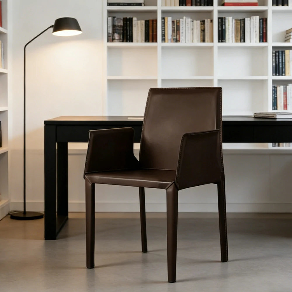 LIVARA Modern Arm Dining Chair - Premium 2.2mm Saddle Leather Upholstery, High Back Support, Carbon Steel Legs, Durable Stitching Design - Coffee