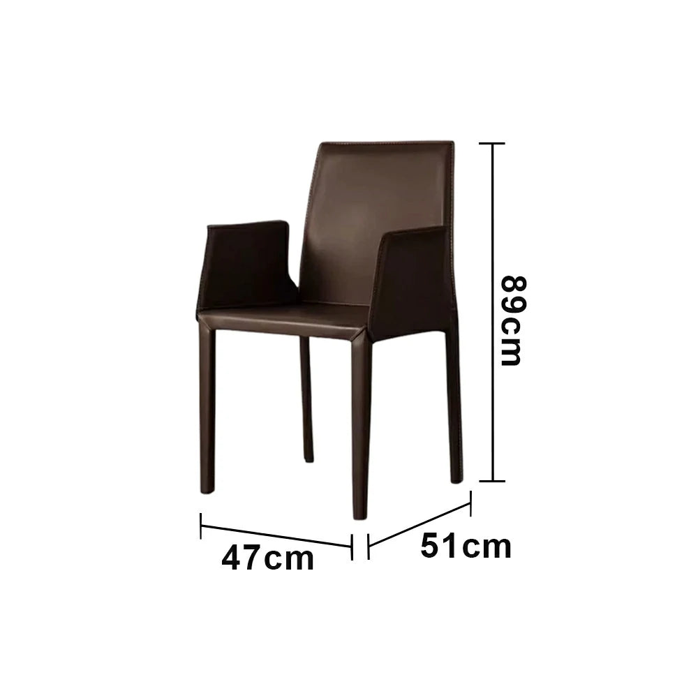 LIVARA Modern Arm Dining Chair - Premium 2.2mm Saddle Leather Upholstery, High Back Support, Carbon Steel Legs, Durable Stitching Design - Coffee