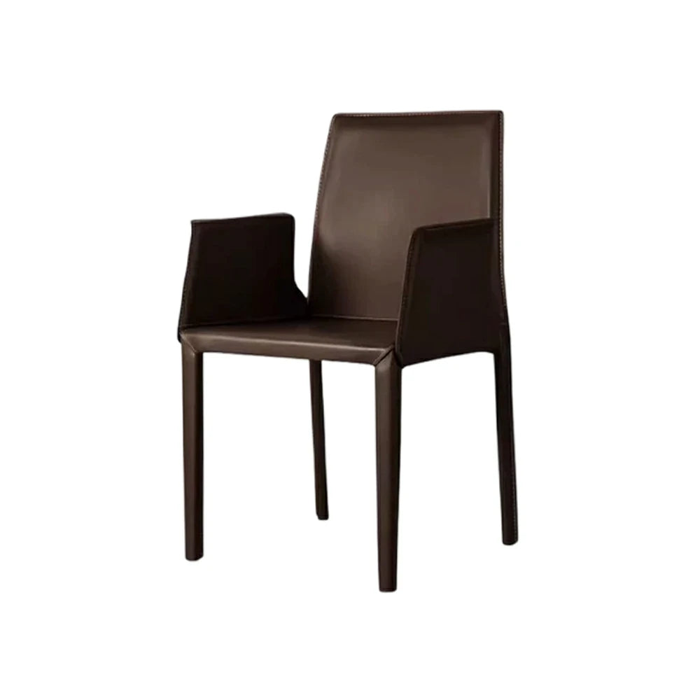 LIVARA Modern Arm Dining Chair - Premium 2.2mm Saddle Leather Upholstery, High Back Support, Carbon Steel Legs, Durable Stitching Design - Coffee