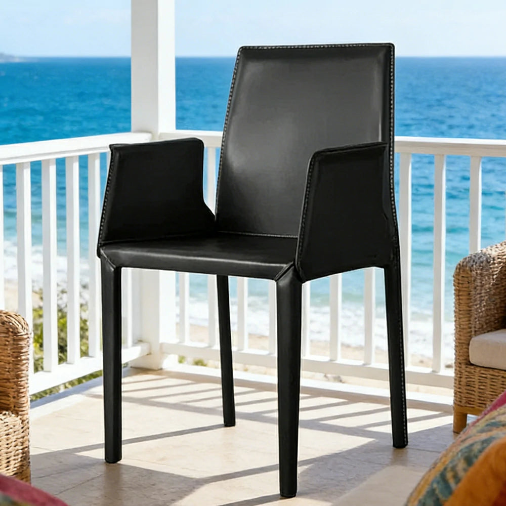 LIVARA Modern Arm Dining Chair - Premium 2.2mm Saddle Leather Upholstery, High Back Support, Carbon Steel Legs, Durable Stitching Design - Black