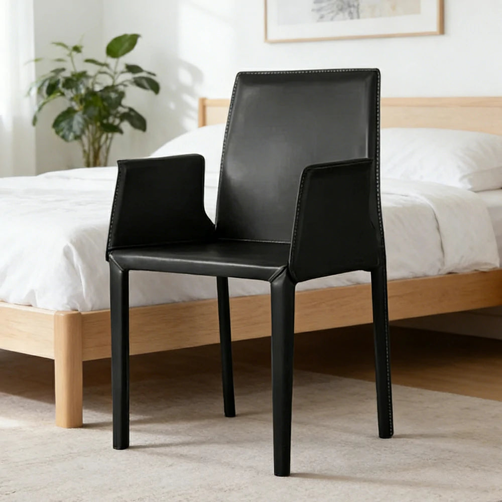 LIVARA Modern Arm Dining Chair - Premium 2.2mm Saddle Leather Upholstery, High Back Support, Carbon Steel Legs, Durable Stitching Design - Black