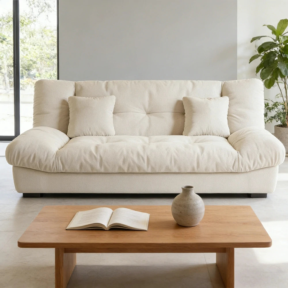 LIVARA 160/180cm Sofa Bed, Adjustable Backrest Design, Milk Velvet Upholstery, Solid Wood Frame, Armless Space-Saving Style - White