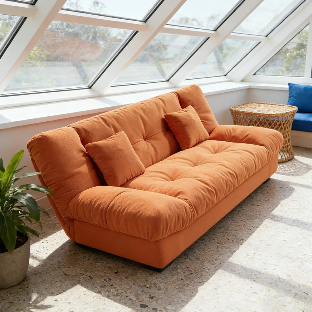 LIVARA 160/180cm Sofa Bed, Adjustable Backrest Design, Milk Velvet Upholstery, Solid Wood Frame, Armless Space-Saving Style - Orange