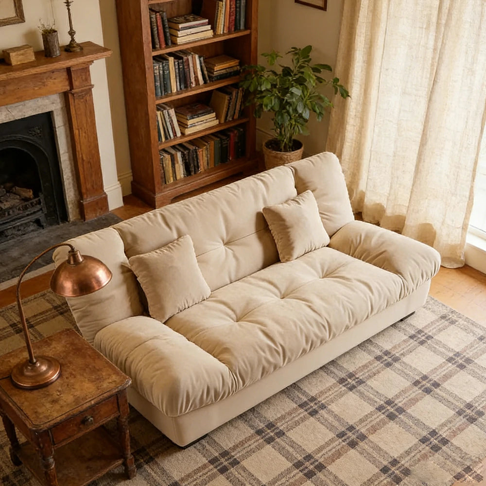 LIVARA 160/180cm Sofa Bed, Adjustable Backrest Design, Milk Velvet Upholstery, Solid Wood Frame, Armless Space-Saving Style - Khaki