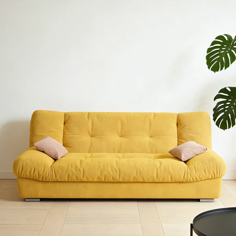 LIVARA 160/180cm Sofa Bed, Adjustable Backrest Design, Milk Velvet Upholstery, Solid Wood Frame, Armless Space-Saving Style - Yellow