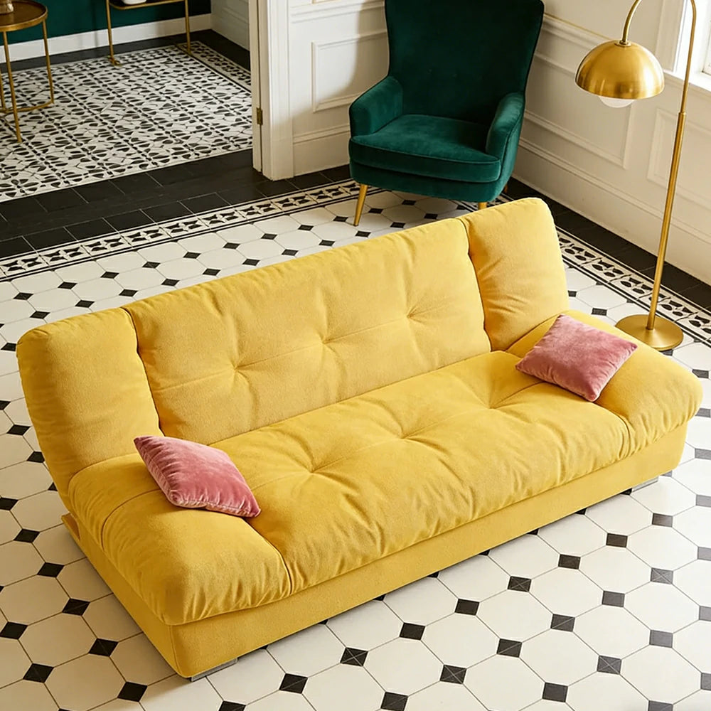 LIVARA 160/180cm Sofa Bed, Adjustable Backrest Design, Milk Velvet Upholstery, Solid Wood Frame, Armless Space-Saving Style - Yellow