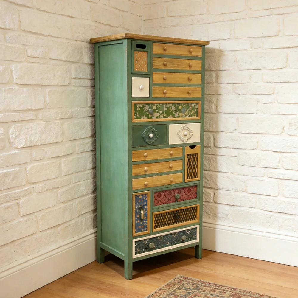 LIVARA Vintage Patchwork Drawer Cabinet - Multi-Drawer Storage Organizer - Solid Wood Frame - European Embossed Design Chest for Living Room Bedroom
