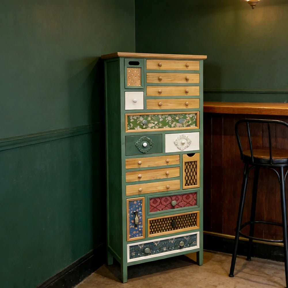 LIVARA Vintage Patchwork Drawer Cabinet - Multi-Drawer Storage Organizer - Solid Wood Frame - European Embossed Design Chest for Living Room Bedroom