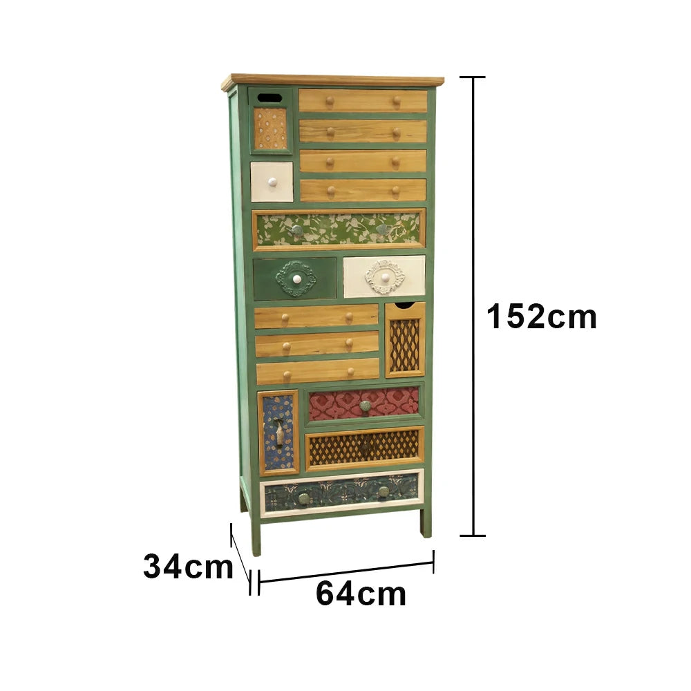 LIVARA Vintage Patchwork Drawer Cabinet - Multi-Drawer Storage Organizer - Solid Wood Frame - European Embossed Design Chest for Living Room Bedroom