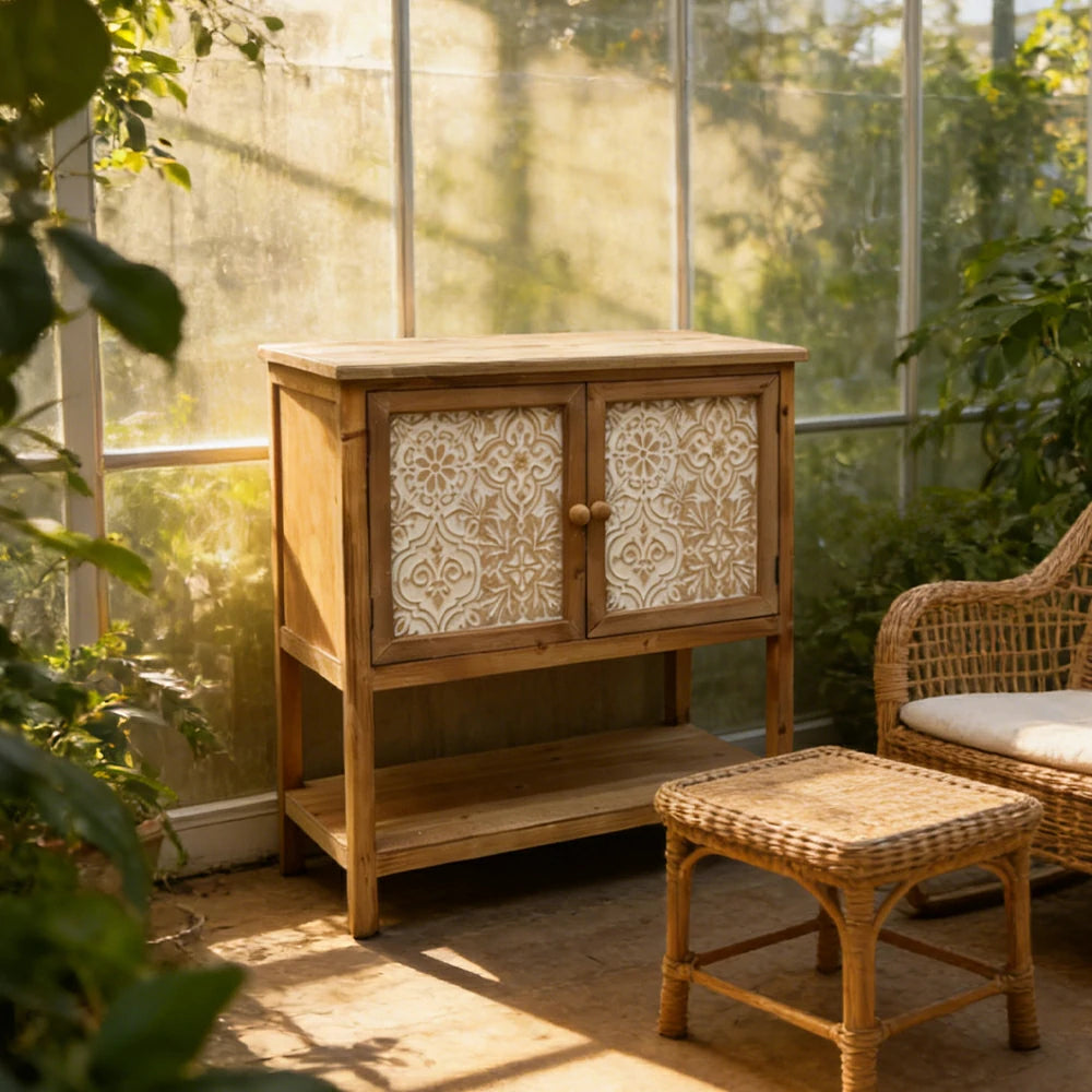 LIVARA Vintage Storage Cabinet - Double Door Organizer - Solid Fir Wood Frame - European Embossed Design with Open Shelf for Living Room Entryway