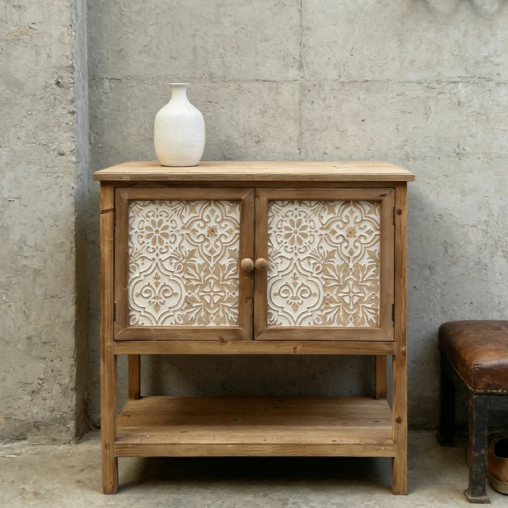 LIVARA Vintage Storage Cabinet - Double Door Organizer - Solid Fir Wood Frame - European Embossed Design with Open Shelf for Living Room Entryway
