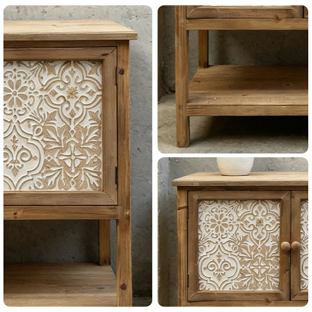LIVARA Vintage Storage Cabinet - Double Door Organizer - Solid Fir Wood Frame - European Embossed Design with Open Shelf for Living Room Entryway