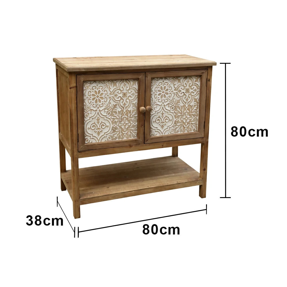 LIVARA Vintage Storage Cabinet - Double Door Organizer - Solid Fir Wood Frame - European Embossed Design with Open Shelf for Living Room Entryway