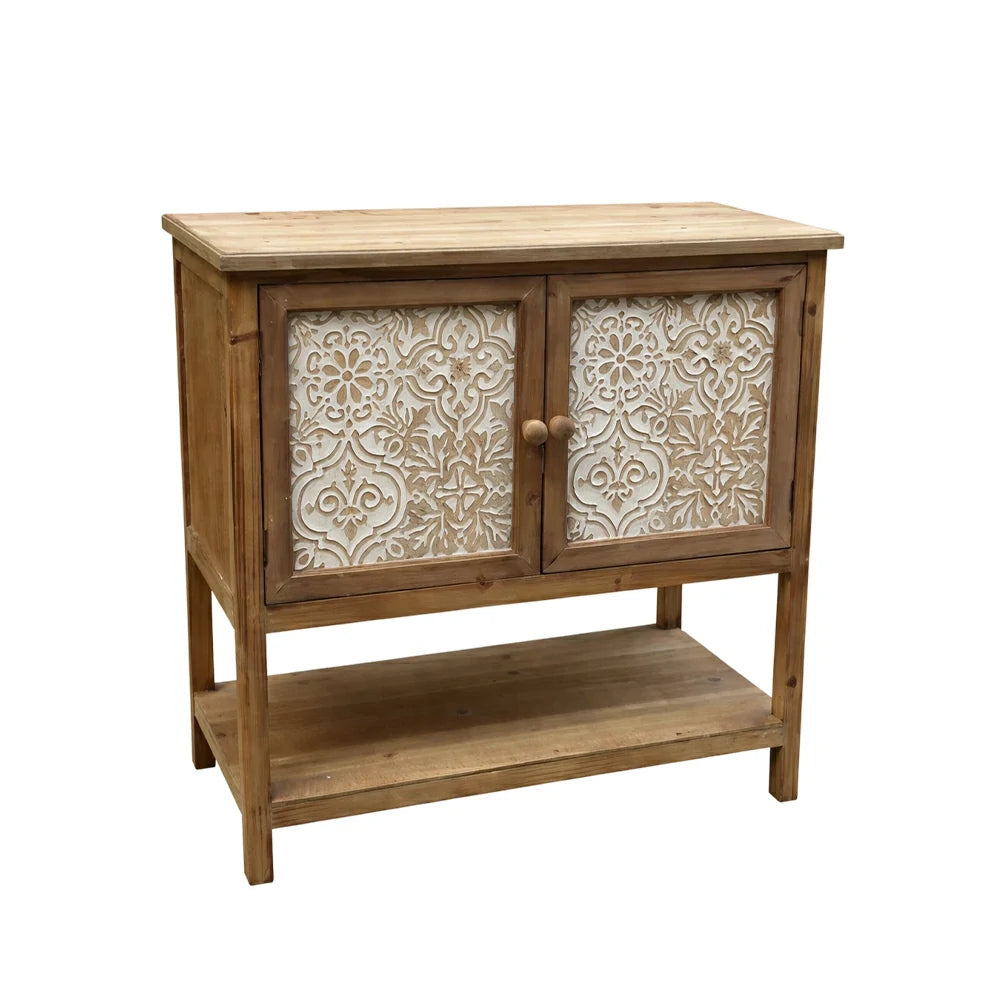 LIVARA Vintage Storage Cabinet - Double Door Organizer - Solid Fir Wood Frame - European Embossed Design with Open Shelf for Living Room Entryway
