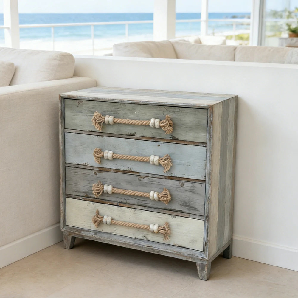 LIVARA Coastal Style Drawer Cabinet - Multi-Drawer Storage Organizer - Solid Wood Frame - Vintage Distressed Finish with Rope Handles