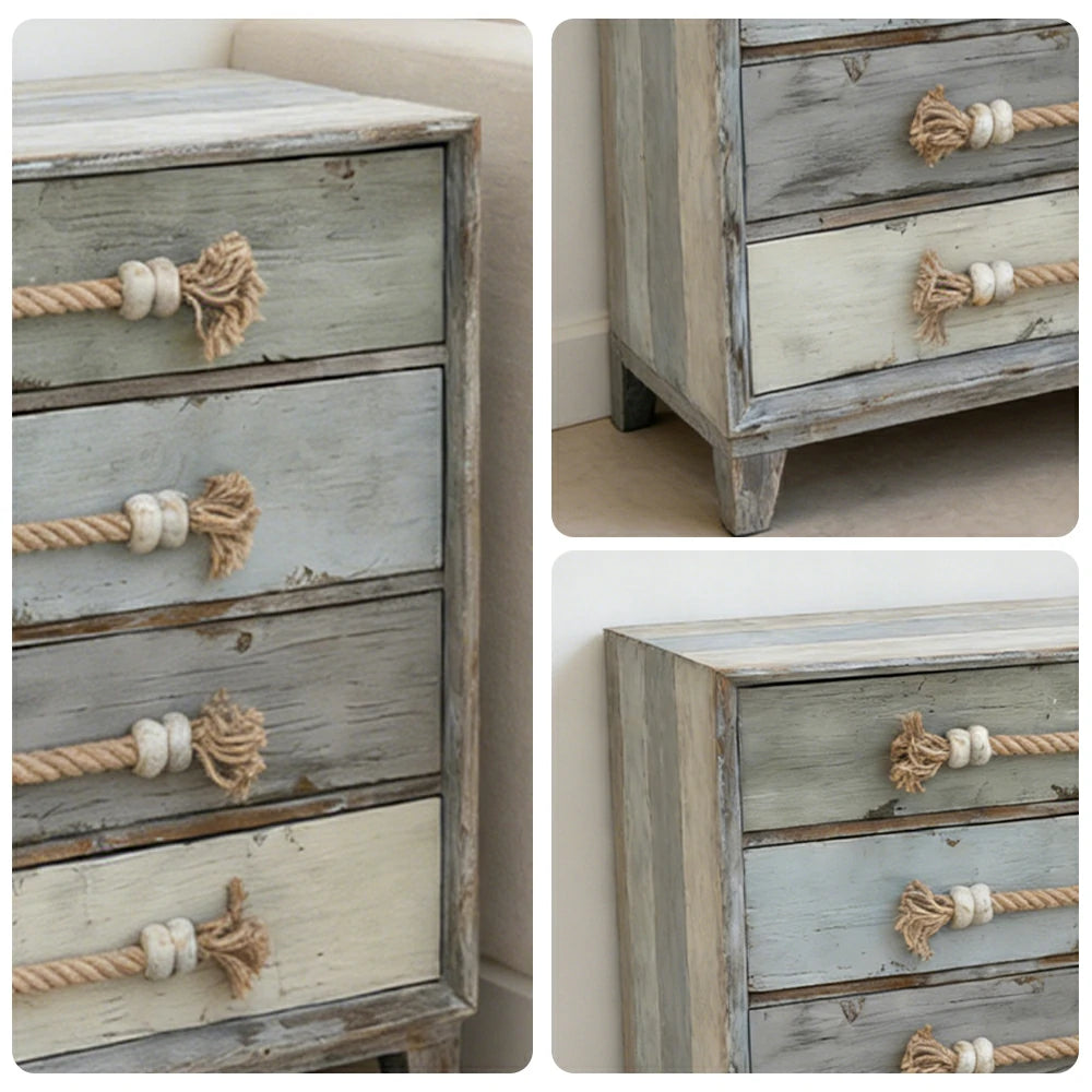 LIVARA Coastal Style Drawer Cabinet - Multi-Drawer Storage Organizer - Solid Wood Frame - Vintage Distressed Finish with Rope Handles