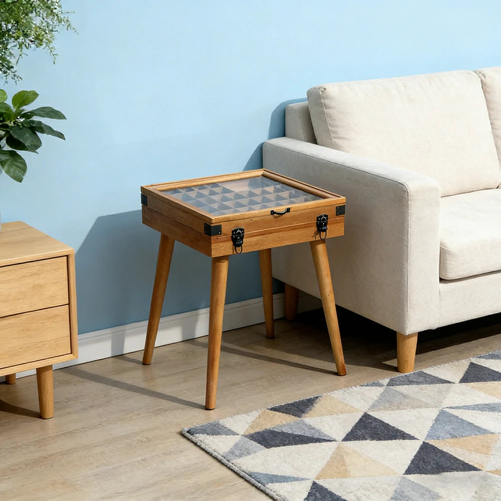 LIVARA Vintage Display Side Table - Glass Top Storage Display - Solid Wood Frame - Multi-Compartment Cabinet for Living Room Bedroom