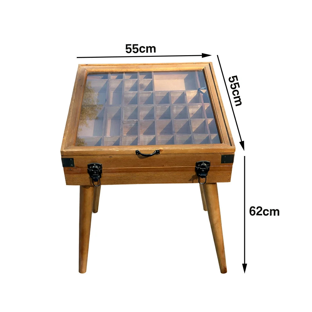 LIVARA Vintage Display Side Table - Glass Top Storage Display - Solid Wood Frame - Multi-Compartment Cabinet for Living Room Bedroom
