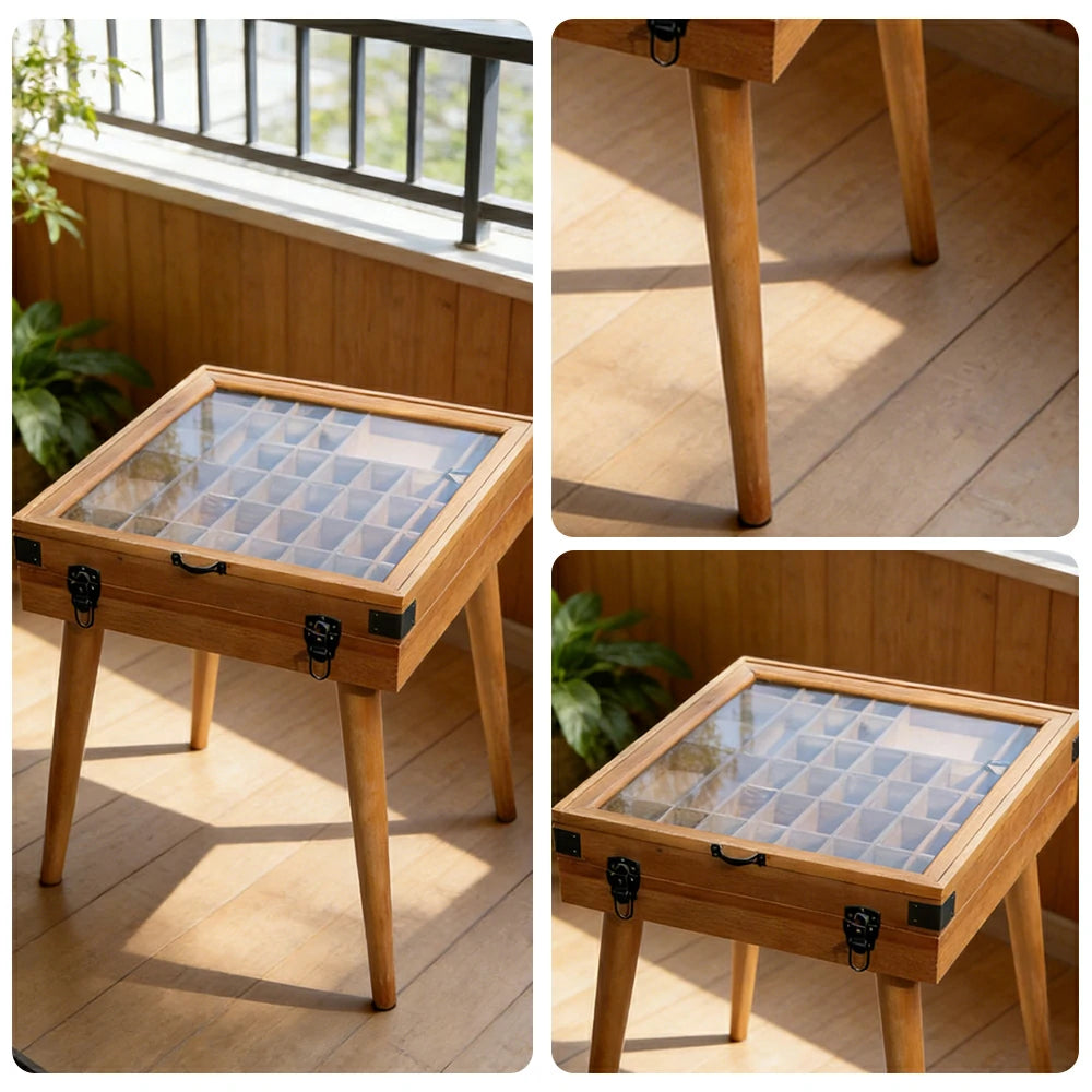 LIVARA Vintage Display Side Table - Glass Top Storage Display - Solid Wood Frame - Multi-Compartment Cabinet for Living Room Bedroom