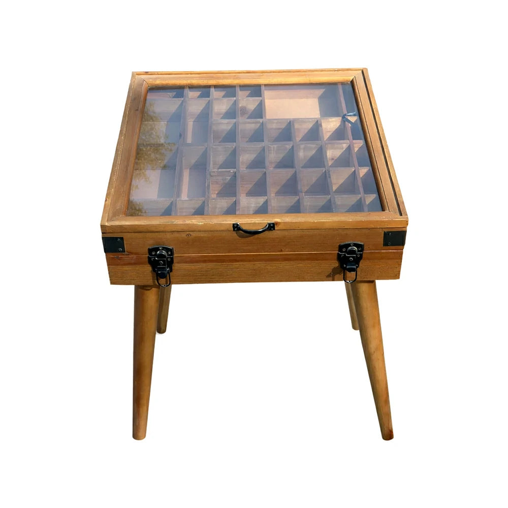 LIVARA Vintage Display Side Table - Glass Top Storage Display - Solid Wood Frame - Multi-Compartment Cabinet for Living Room Bedroom