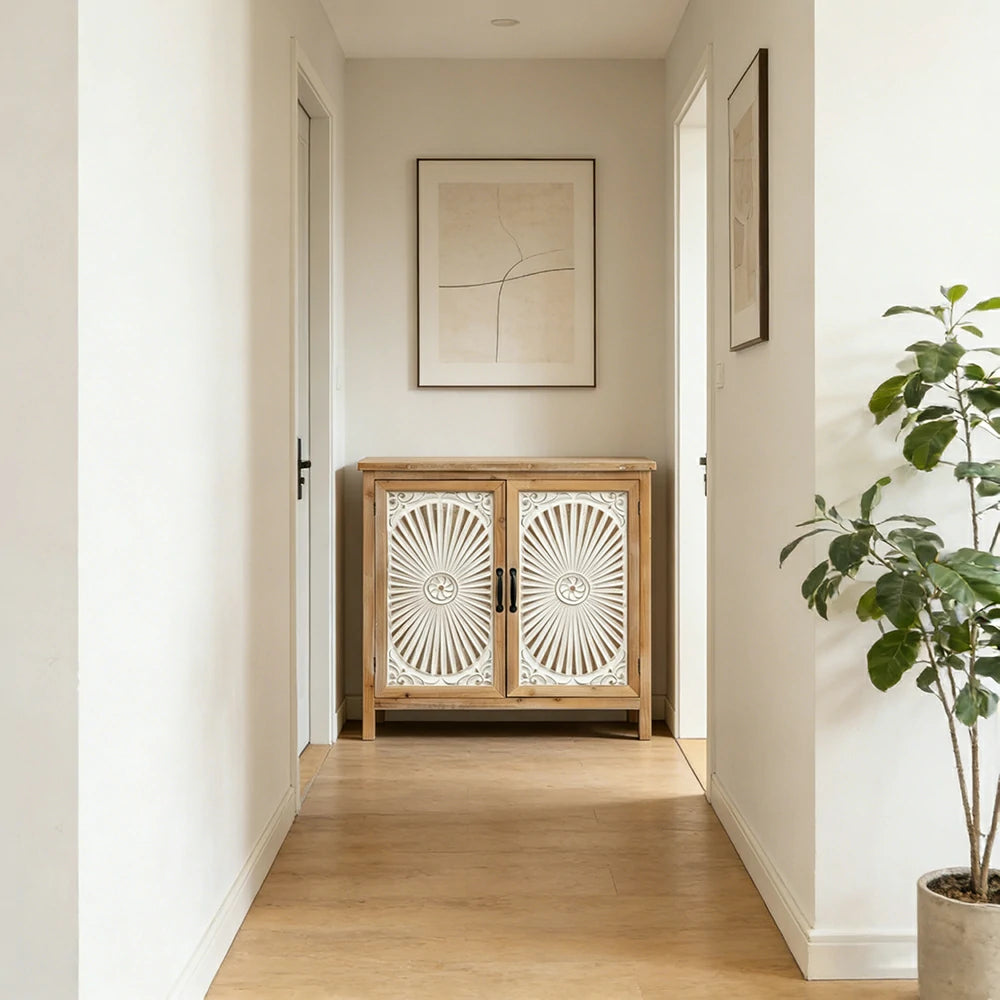 LIVARA Vintage Storage Cabinet - Double Door Organizer - Solid Wood Frame - Hand-Carved Whitewashed Design for Living Room Entryway
