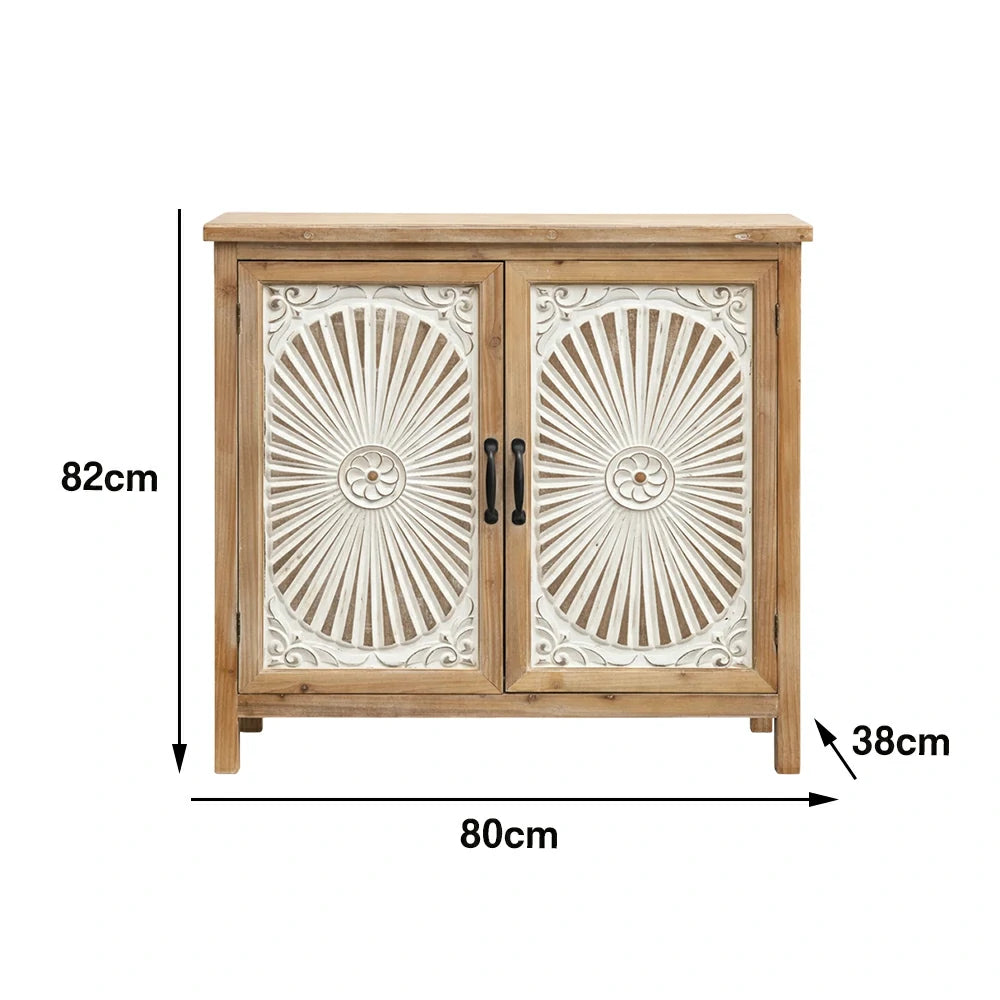 LIVARA Vintage Storage Cabinet - Double Door Organizer - Solid Wood Frame - Hand-Carved Whitewashed Design for Living Room Entryway