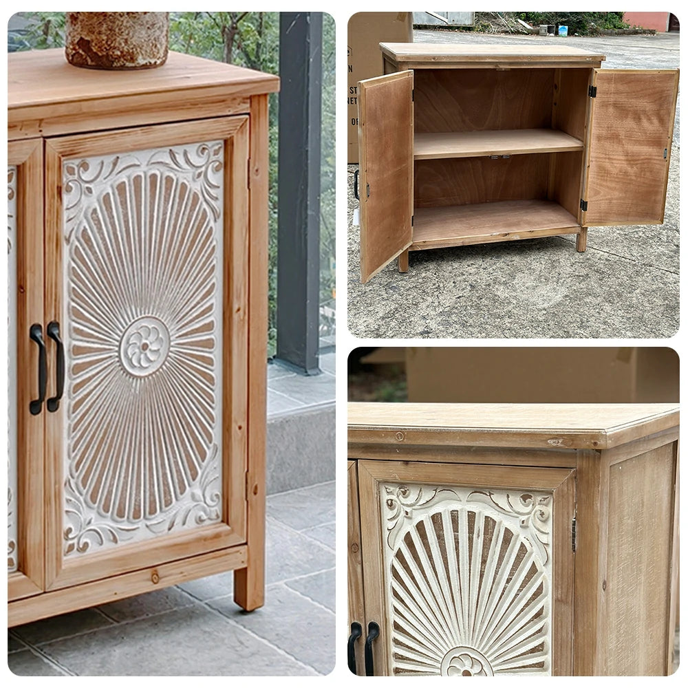 LIVARA Vintage Storage Cabinet - Double Door Organizer - Solid Wood Frame - Hand-Carved Whitewashed Design for Living Room Entryway