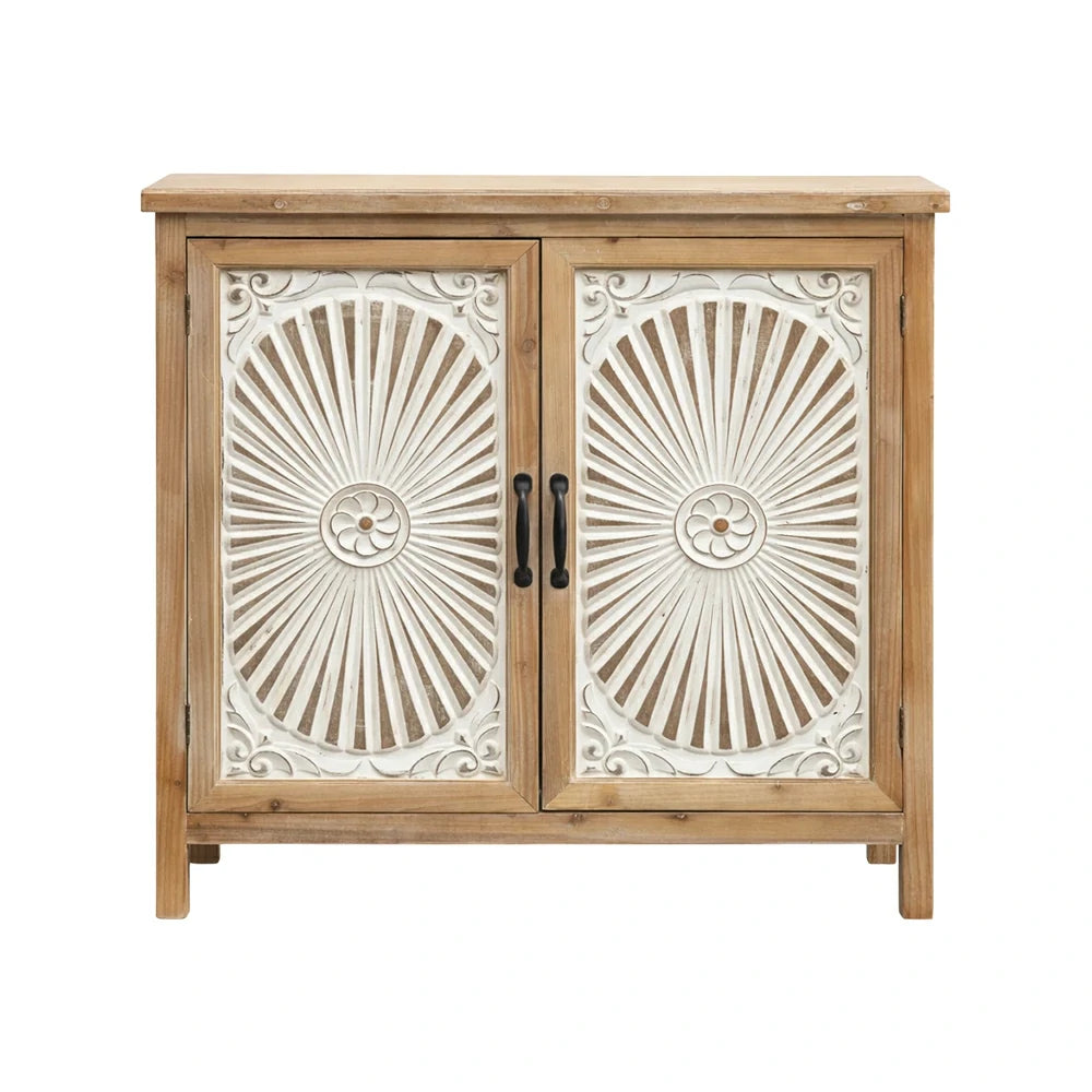 LIVARA Vintage Storage Cabinet - Double Door Organizer - Solid Wood Frame - Hand-Carved Whitewashed Design for Living Room Entryway